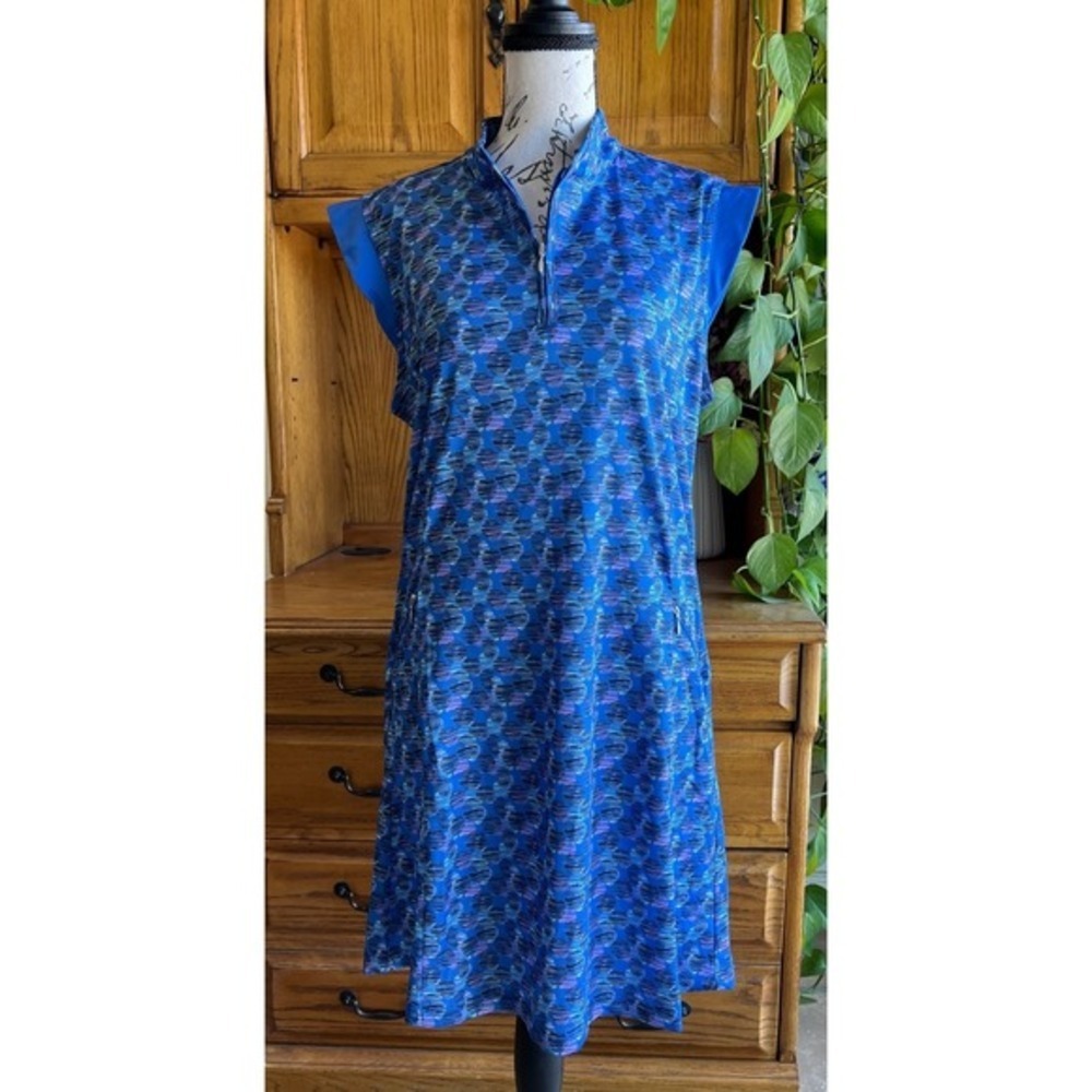 Bermuda‎ Sands Womens Blue Geometric Golf Dress Sleeveless Quarter Zip Medium